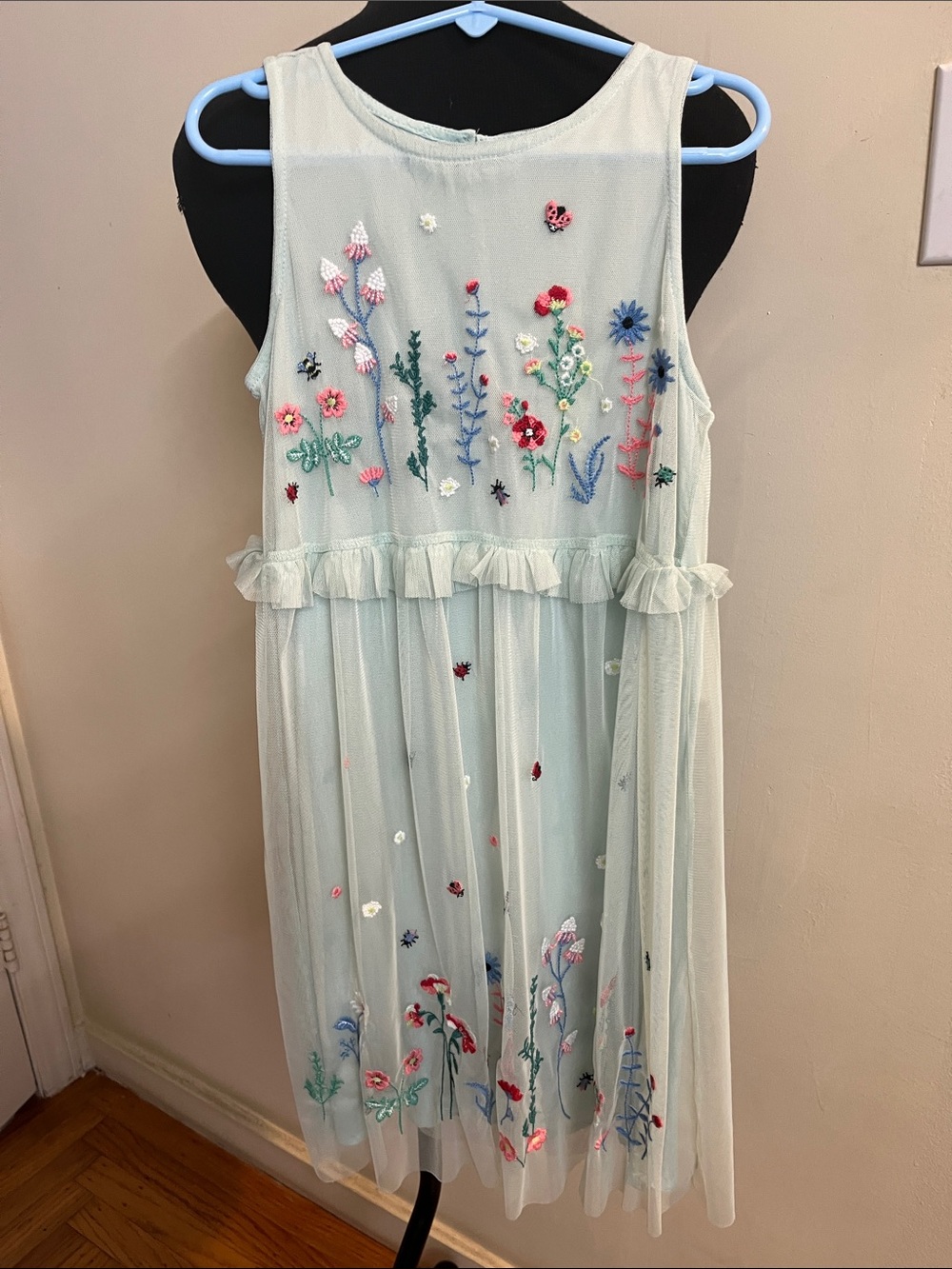 H&M Mint Mesh Dress with Multicolor Floral Embroidery